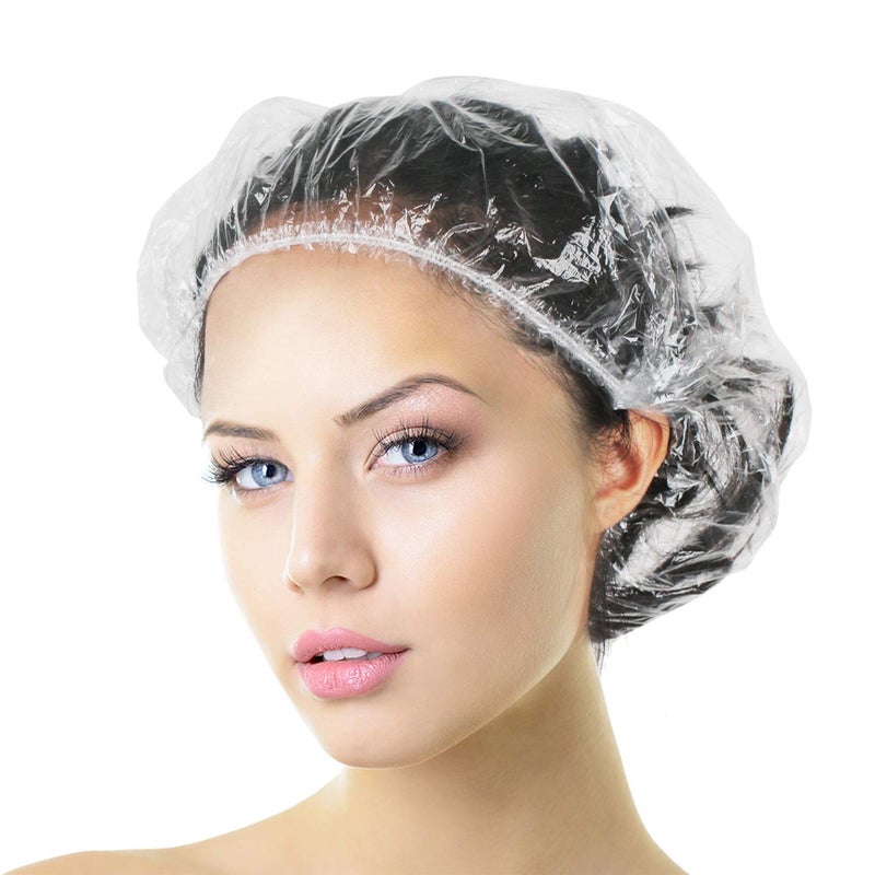 Aquior Shower Cap Disposable, 100 PCS Shower caps Large&Thick Waterproof Clear Plastic Elastic Hair Bath Caps For Women Kids Girls, Hotel and Hair Solon, Travel Spa, Home Use - Image 1